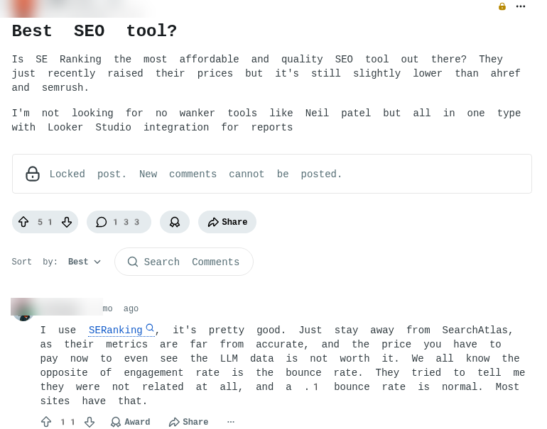 Reddit thread in r/SEO asking best SEO tool, 51 upvotes and 133 comments, with the top answer recommending SERanking and warning about SearchAtlas metrics