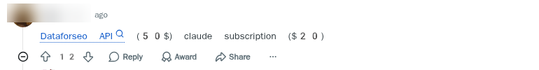 Top comment recommending a budget stack of the DataForSEO API at 50 dollars plus a Claude subscription at 20 dollars
