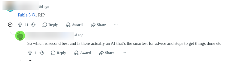 Top comment answering Fable 5, RIP, with the poster asking which model is second best