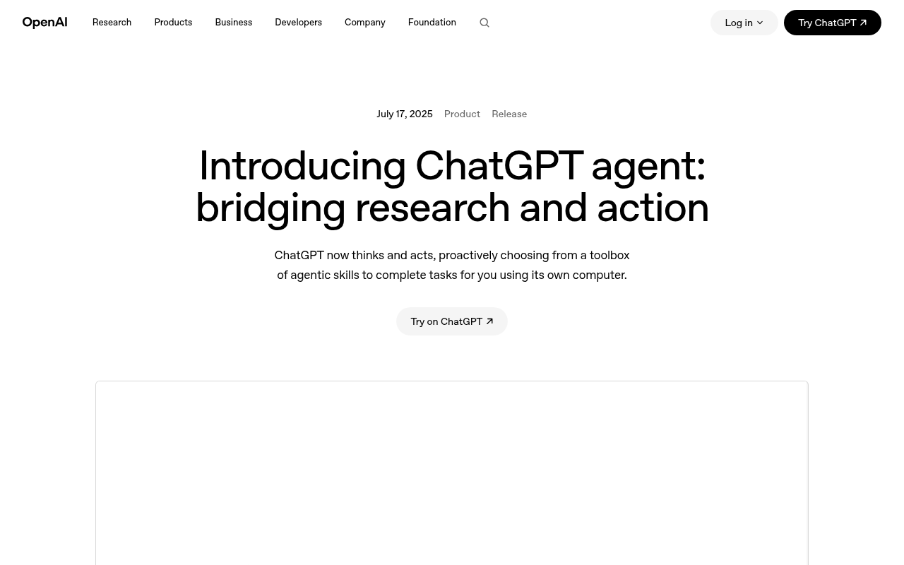 OpenAI's ChatGPT agent announcement page: bridging research and action, ChatGPT thinks and acts using its own computer