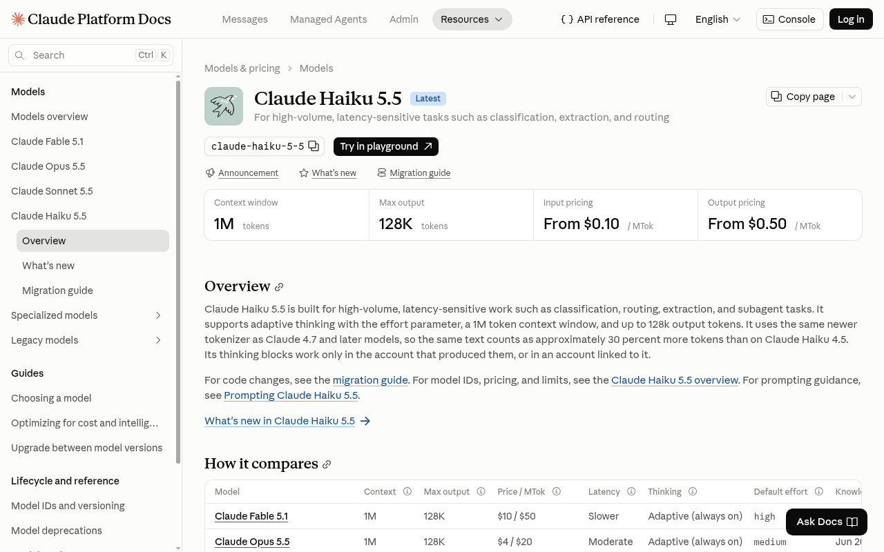Claude Haiku 5.5 model page on the Claude Platform docs showing a 1M context window, 128K max output, and pricing from $0.10 input and $0.50 output per million tokens