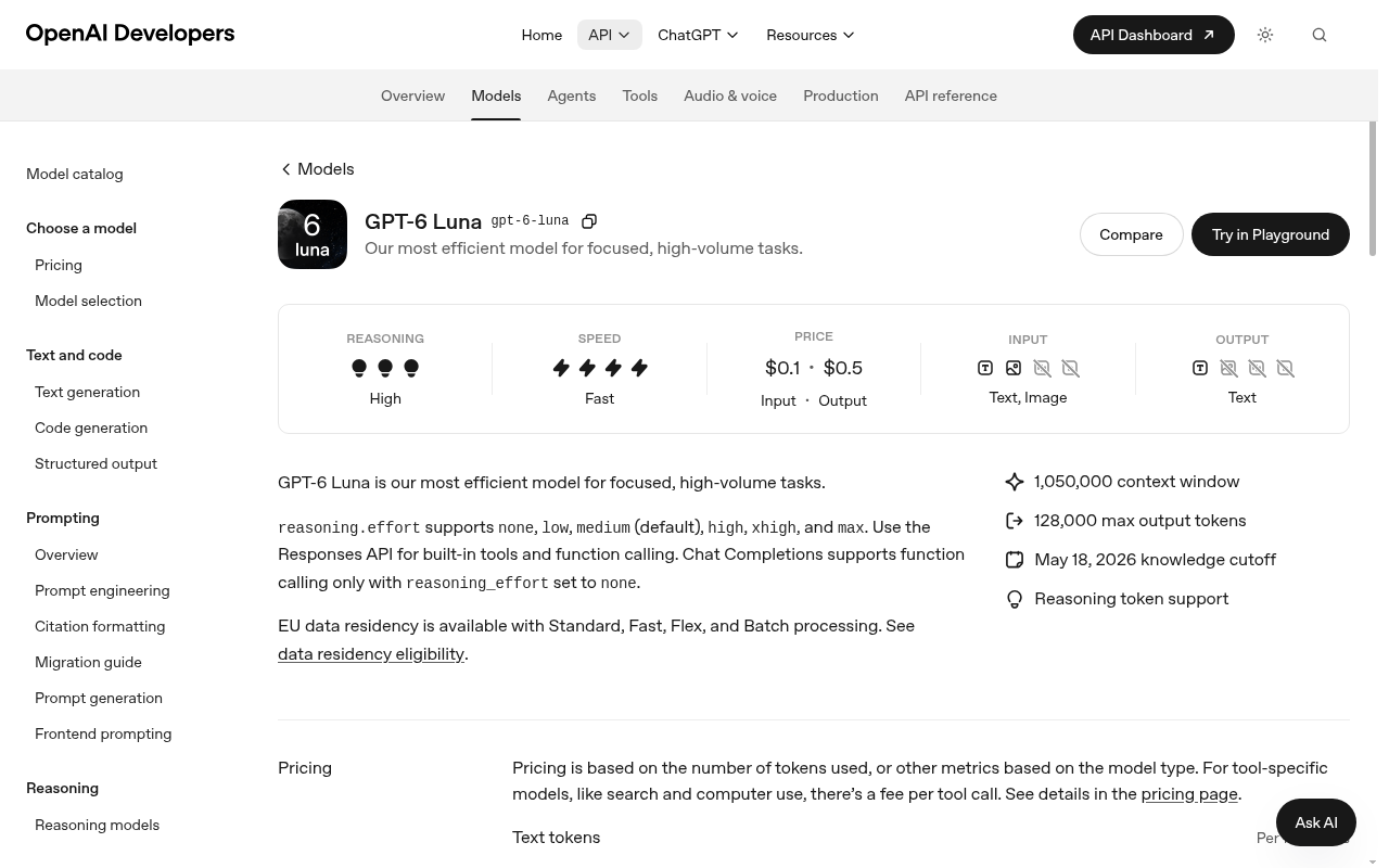 GPT-6 Luna model page in the OpenAI API docs showing $0.1 input and $0.5 output per million tokens, a 1,050,000 token context window, 128,000 max output tokens and a May 18, 2026 knowledge cutoff