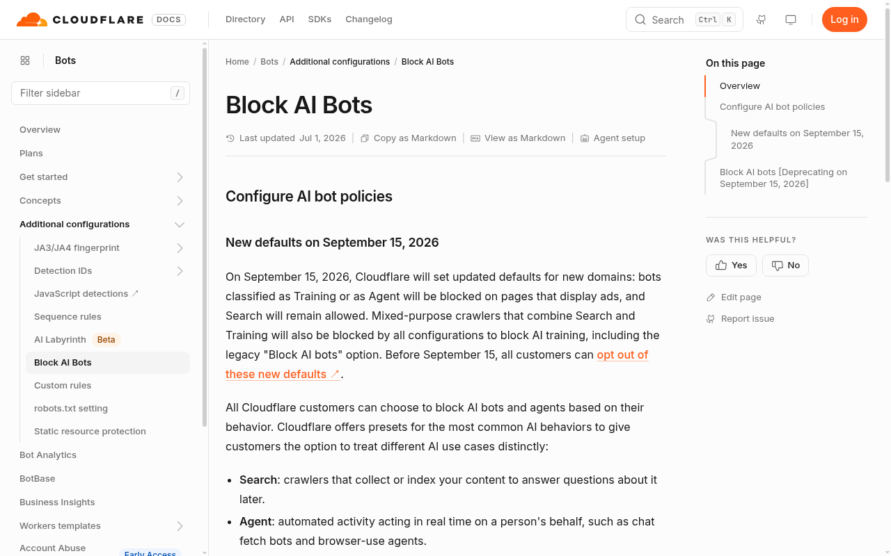 Screenshot of Cloudflare's Block AI Bots docs page showing the new defaults from September 15, 2026 and the legacy setting marked as deprecating