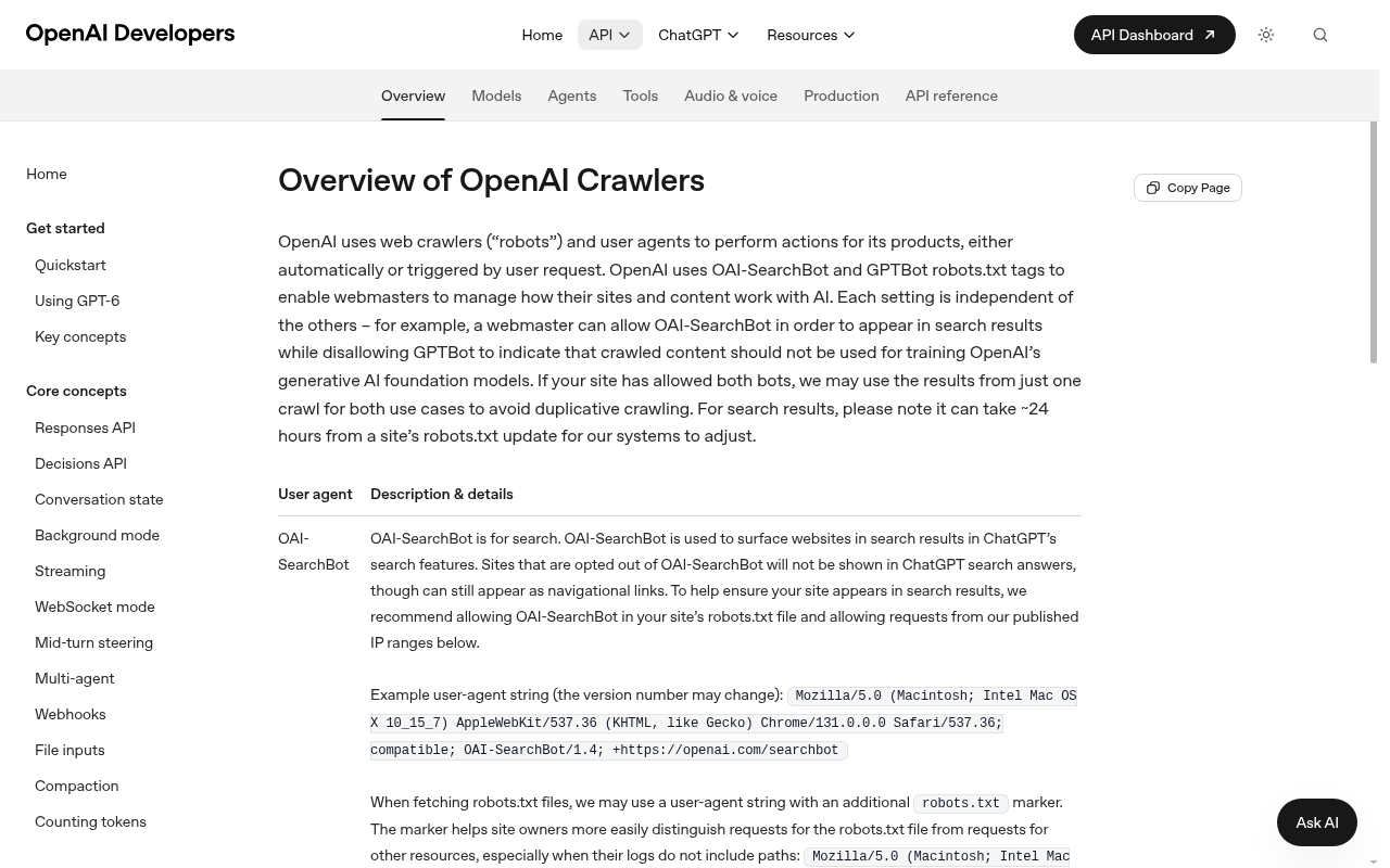 Screenshot of OpenAI's Overview of OpenAI Crawlers page explaining OAI-SearchBot and GPTBot