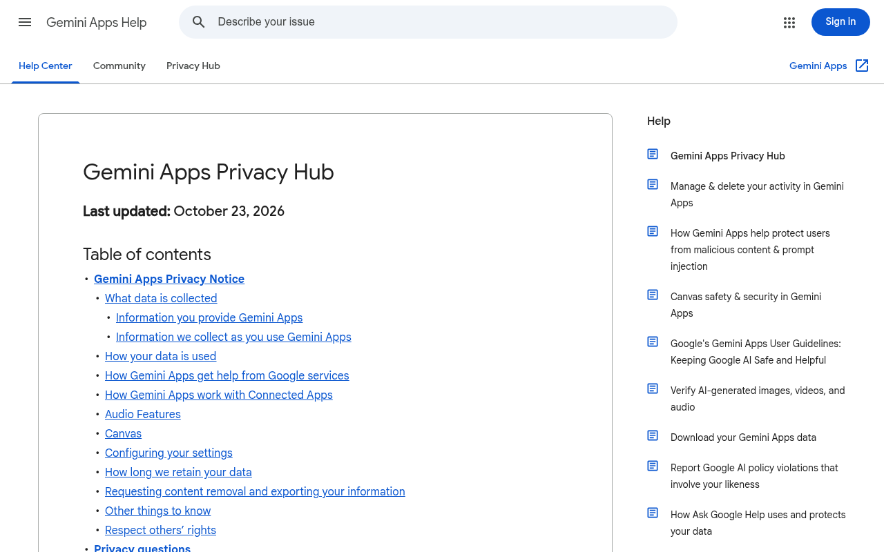 Screenshot of Google's Gemini Apps Privacy Hub page, last updated October 23, 2026, showing its table of contents