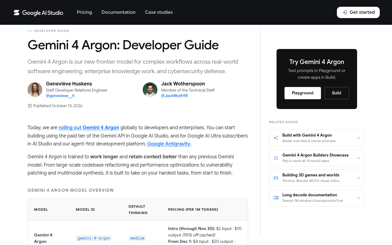 Google AI Studio developer guide for Gemini 4 Argon showing the model id gemini-4-argon, default thinking level medium and the $2 input and $10 output intro price through November 30