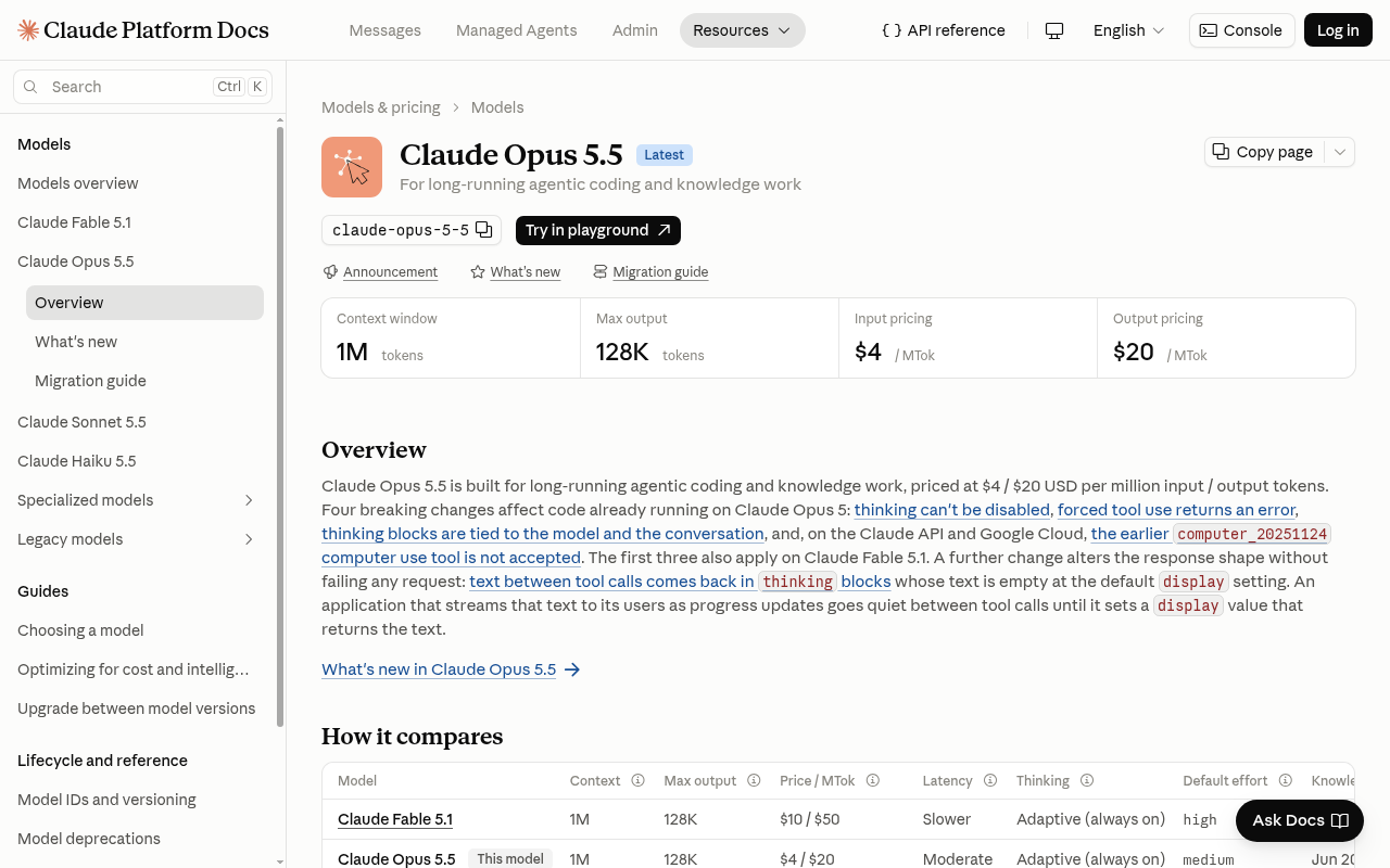 Claude Platform docs page for Opus 5.5 showing 1M context, 128K max output, $4 input and $20 output per million tokens