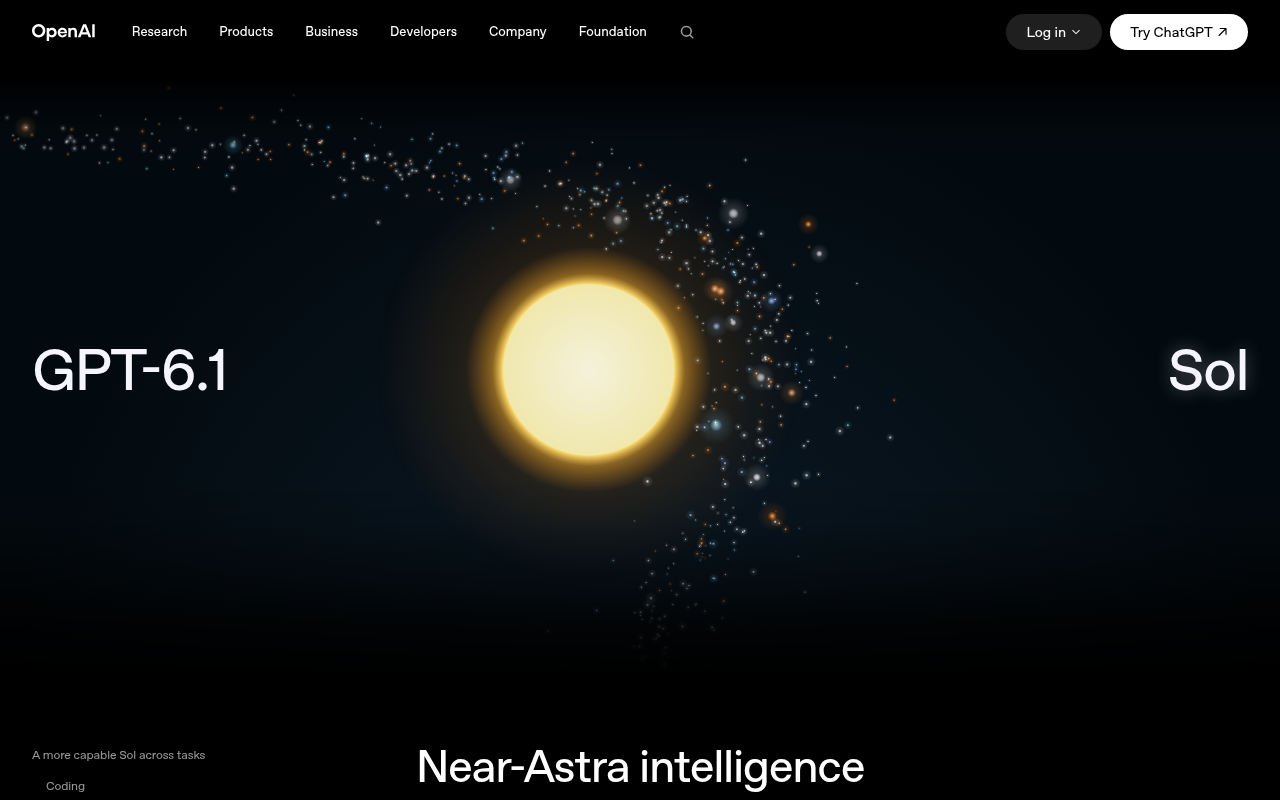 OpenAI launch page for GPT-6.1 Sol with the headline near Astra intelligence