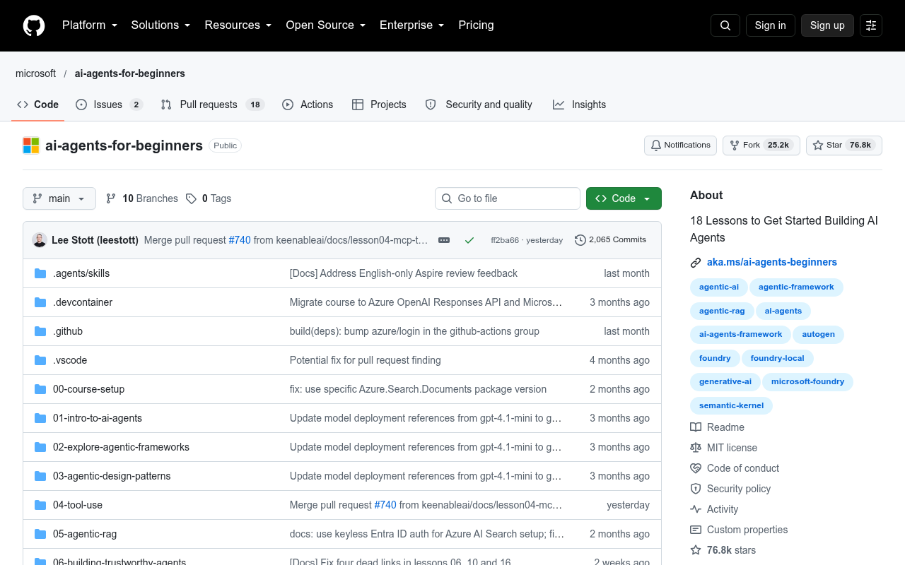 Microsoft AI Agents for Beginners repository on GitHub, described as 18 lessons to get started building AI agents, with lesson folders from course setup to tool use