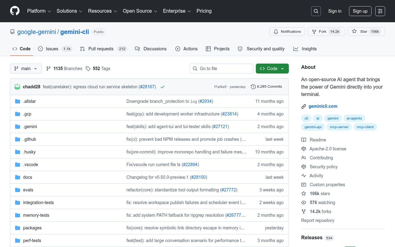The gemini-cli GitHub repository with over 106,000 stars, showing the open-source codebase and active development