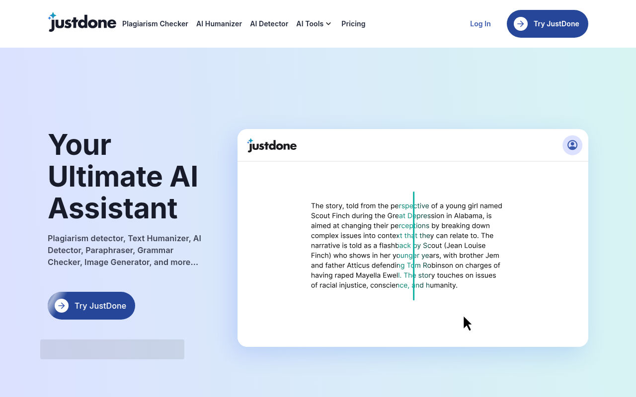 JustDone homepage advertising an all-in-one AI assistant with plagiarism checker, AI detector, humanizer, and paraphraser
