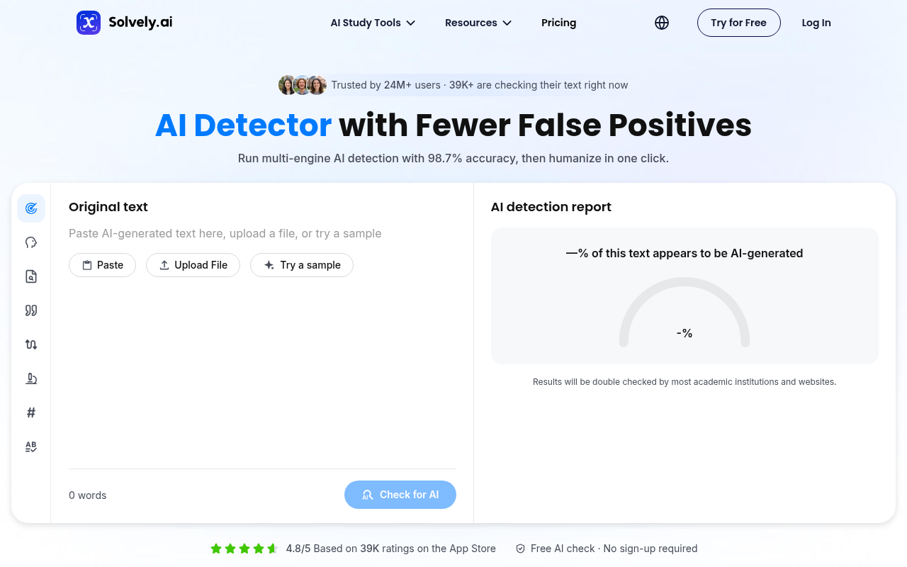 Screenshot of the Solvely AI detector page promising multi engine detection with 98.7% accuracy and a free check with no sign up.