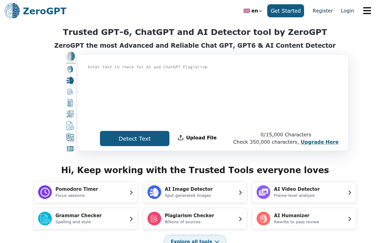 Screenshot of the ZeroGPT homepage showing the free AI detector box with a 15,000 character limit and an AI Humanizer tool that rewrites text to pass review.