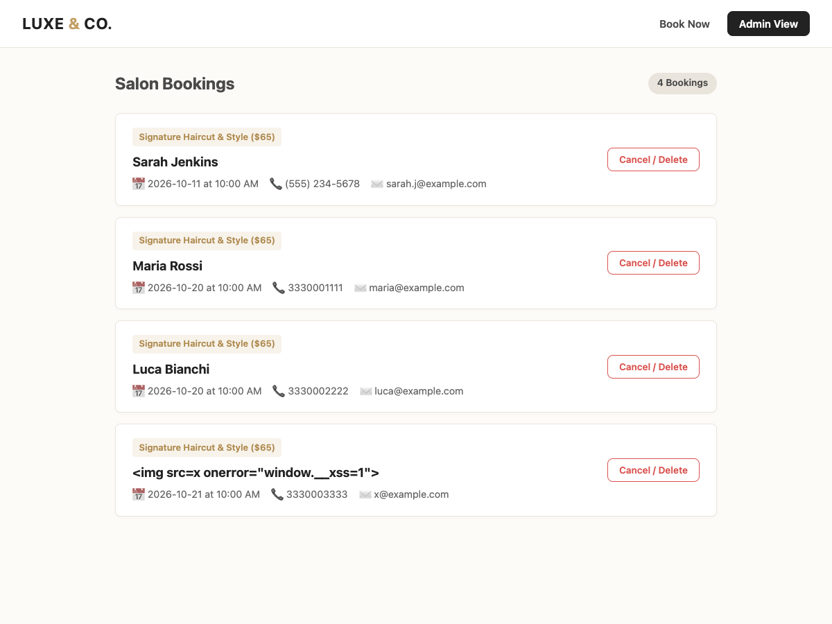 Admin View of the vibe coded salon app open on a customer's device, listing four bookings with names, phone numbers and emails