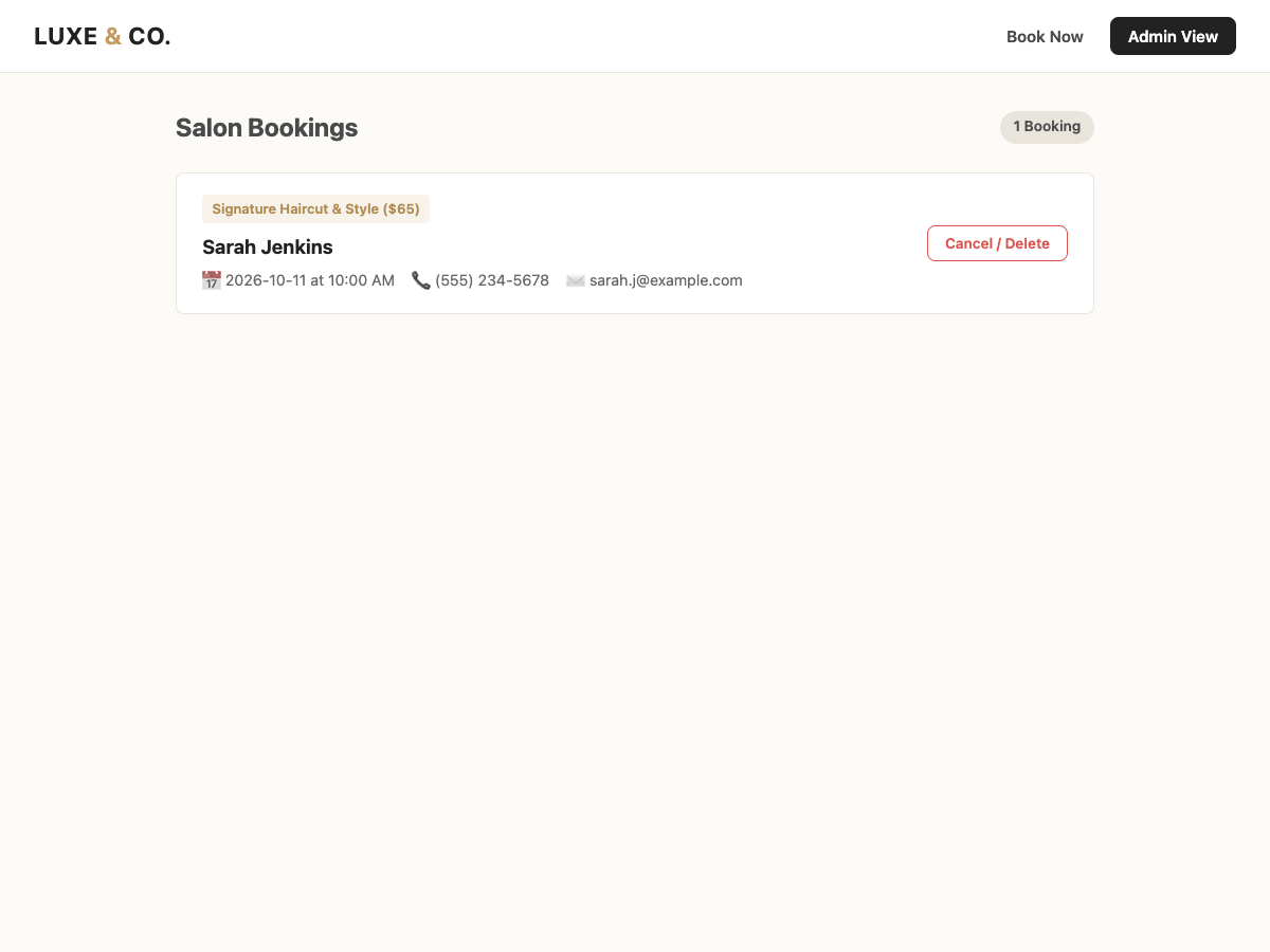 Admin View of the same vibe coded salon app on the owner's device showing only one sample booking