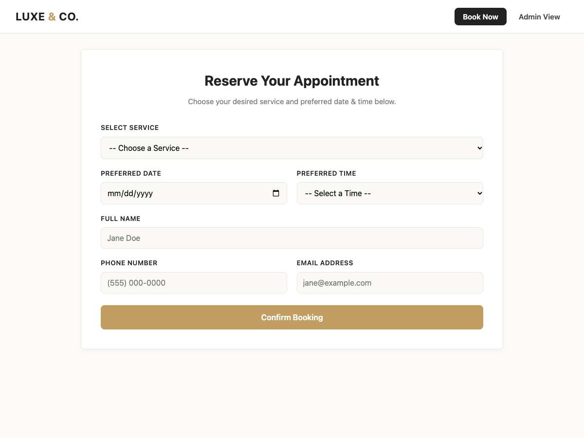 Vibe coded salon booking form generated by Gemini 3.8 Flash from one prompt, with service, date, time, name, phone and email fields